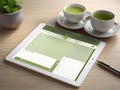 A vegan planner with cup of green tea on the table