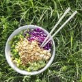 Vegan poke bowl, Hawaiian dish, with chopsticks in the grass Royalty Free Stock Photo