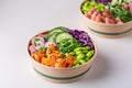 Vegan Poke bowl with Plant based seafood, salmon, tuna