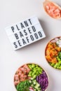 Vegan Poke bowl with Plant based seafood, salmon, tuna