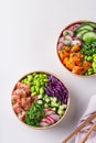 Vegan Poke bowl with Plant based seafood, salmon, tuna