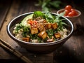 Vegan poke bowl with tofu, avocado, rice, beans, green salad, green onion, sesame seeds and soy sauce. Asian food. Poke bowl with Royalty Free Stock Photo