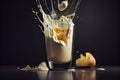 Vegan potato milk in glass and potato in bowl on light background. Healthy vegetarian and vegan drink