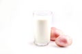 Vegan potato milk from pink potato in glass on on white isolated background. Generative AI content