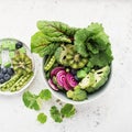 Vegan power bowl. Vegetables fruits green leafy vegetables for a healthy snack. Top View
