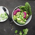 Vegan power bowl. Vegetables fruits green leafy vegetables for a healthy snack. Top View