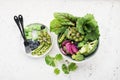 Vegan power bowl. Vegetables fruits green leafy vegetables for a healthy snack. Top View