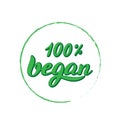 100% vegan product sticker. Trendy lettering for vegetarian cafe, packaging.