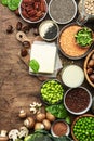 Vegan protein food background. Full set of plant based vegetarian food sources. Healthy eating, diet ingredients: legumes, beans, Royalty Free Stock Photo