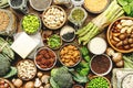 Vegan protein. Full set of plant based vegetarian food sources. Healthy eating, diet ingredients: legumes, beans, lentils, nuts, Royalty Free Stock Photo