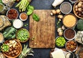 Vegan protein. Full set of plant based vegetarian food sources. Healthy eating, diet ingredients: legumes, beans, lentils, nuts, Royalty Free Stock Photo