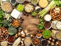 Vegan protein. Full set of plant based vegetarian food sources. Healthy eating, diet ingredients: legumes, beans, lentils, nuts, Royalty Free Stock Photo