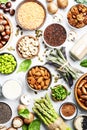 Vegan protein. Full set of plant based vegetarian food sources. Healthy eating, diet ingredients: legumes, beans, lentils, nuts, Royalty Free Stock Photo