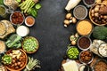 Vegan protein. Full set of plant based vegetarian food sources. Healthy eating, diet ingredients: legumes, beans, lentils, nuts, Royalty Free Stock Photo