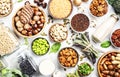 Vegan protein. Full set of plant based vegetarian food sources. Healthy eating, diet ingredients: legumes, beans, lentils, nuts, Royalty Free Stock Photo