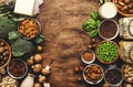 Vegan protein. Full set of plant based vegetarian food sources. Healthy eating, diet ingredients: legumes, beans, lentils, nuts, Royalty Free Stock Photo