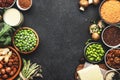 Vegan protein. Full set of plant based vegetarian food sources. Healthy eating, diet ingredients: legumes, beans, lentils, nuts, Royalty Free Stock Photo