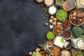 Vegan protein. Full set of plant based vegetarian food sources. Healthy eating, diet ingredients: legumes, beans, lentils, nuts, Royalty Free Stock Photo