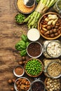 Vegan protein. Full set of plant based vegetarian food sources. Healthy eating, diet ingredients: legumes, beans, lentils, nuts, Royalty Free Stock Photo