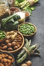 Vegan protein. Full set of plant based vegetarian food sources. Healthy eating, diet ingredients: legumes, beans, lentils, nuts, Royalty Free Stock Photo