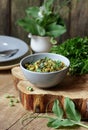 Vegan protein meal, dish of  stewed green legume vegetables: peas, green bean, broccoli garnished with parsley Royalty Free Stock Photo