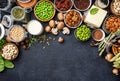 Vegan protein Plant based vegetarian food sources. Healthy eating, diet ingredients: legumes, beans, nuts, alternative milk, tofu Royalty Free Stock Photo