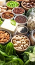 Vegan protein. Plant based vegetarian food sources. Healthy eating, diet ingredients: legumes, beans, nuts, alternative milk, tofu Royalty Free Stock Photo