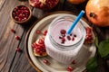 Vegan protein smoothie made from pomegranate and banana on a rustic wooden table. Healthy food, healthy lifestyle. Foodism, raw