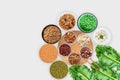 Vegan protein source. Legumes - lentils, chickpeas, beans, green mung bean, seeds and nuts on white background. Royalty Free Stock Photo