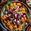 Vegan quinoa salad with beetroot, pumpkin, pumpkin seeds, and feta cheese