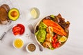 Vegan Rainbow bowl: vegetable meatballs, avocado, sweet potato a