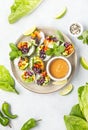 Vegan rainbow-colored spring rolls served with peanut sauce