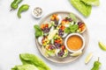 Vegan rainbow-colored spring rolls served with peanut sauce