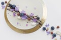 Vegan raw cake decorated with blueberries, chocolate, nuts and lilac flowers on white background close up.. Gluten free, sugar fre Royalty Free Stock Photo