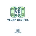 Vegan recipes logo. Vegan restaurant flat emblem, organic store, vegan shop. R and V letters.