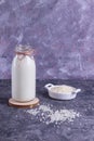 Vegan rice milk in a glass bottle and rice in a white plate on a wooden stand on a gray background