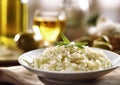 Vegan risotto rice with glass of white wine in fine dining restaurant.Macro.AI Generative Royalty Free Stock Photo