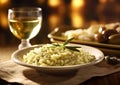 Vegan risotto rice with glass of white wine in fine dining restaurant.Macro.AI Generative Royalty Free Stock Photo