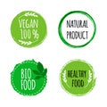 Vegan round logos, badges. Set of hand drawn bio, healthy food badges. Vector illustration