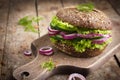 Vegan rye burger with fresh vegetables Royalty Free Stock Photo