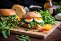 Vegan sandwich egg salad cucumber on wooden table. Generative AI Royalty Free Stock Photo