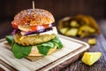 vegan sandwich, vegetable and protein burger with fiber, in flour bread made with biological yeast, french fries, red onion, with Royalty Free Stock Photo