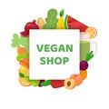 Vegan shop, healthy food banner vector illustration. Vegetarian diet cartoon, organic green market and natural nutrition