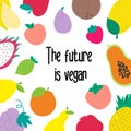 Vegan slogan motivation. The future is vegan. Health lifestyle. Fruits set