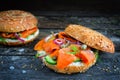 Vegan smoked salmon carrot lox bagel with cream cheese Royalty Free Stock Photo