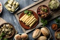 Vegan snacks, dips, ingredients and side dishes Royalty Free Stock Photo