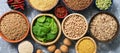 Vegan source of protein, banner. Legumes, grains, nuts, spices, spinach. Food sources of plant based protein. Top view, flat lay, Royalty Free Stock Photo