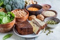 Vegan sources of protein. Tofu, chickpeas, lentils, nuts, spinach and broccoli - vegetable proteins