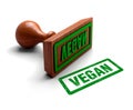 Vegan stamp. Wooden stamper and stamp with text Vegan on white background. 3d illustration. 3d rubber stamp.