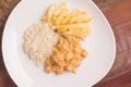 Vegan Stroganoff with Palm Heart, rice and fries